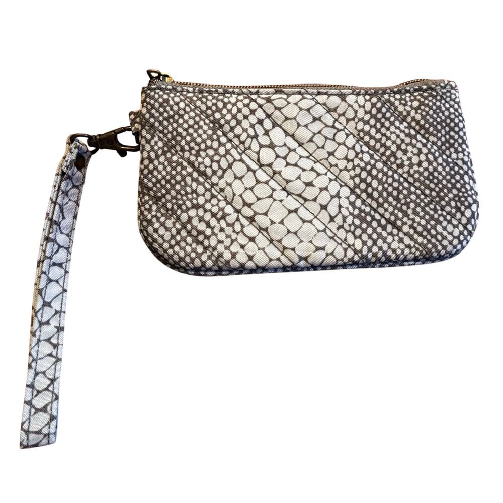 Travelon zip top wristlet wallet pouch coin purse gray animal print detach strap